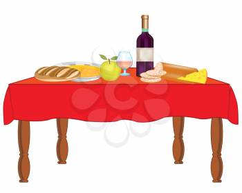 Covered table with meal and drink on white background