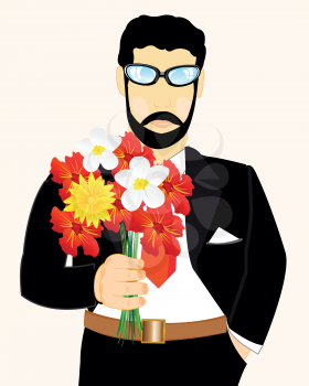 Young man with bouquet flower in hand
