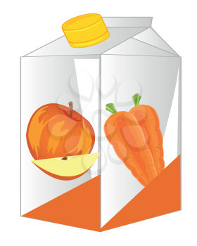 Carton with fruit by juice on white background is insulated