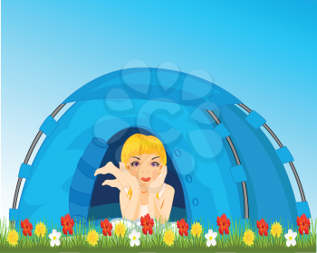 Girl reposes in tourist tent on meadow with flower