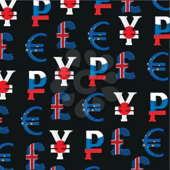Signs and symbols of the money of the different countries in colour of the flag