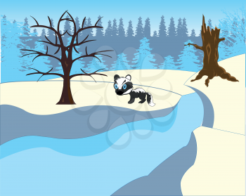 Winter landscape with river and wood.Vector illustration