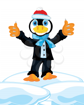 Cartoon of the penguin in fashionable suit on block of ice