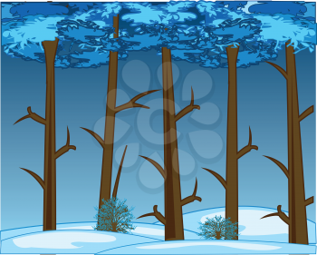 Vector illustration winter wood and bush covered by snow