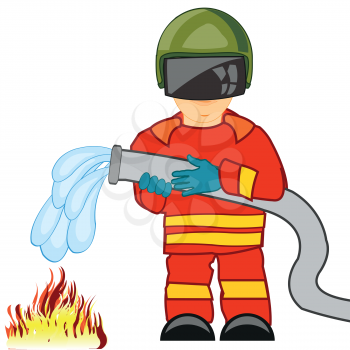 Vector illustration of the cartoon fireman in defensive cloth flooding water fire
