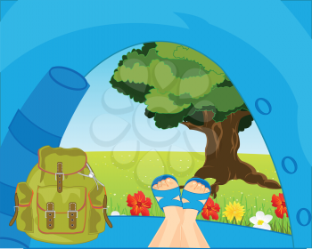 Vector illustration of the tourist tent and beautiful type of the nature from tent