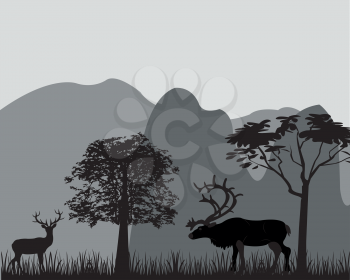 Silhouettes of the deers on background of the mountains