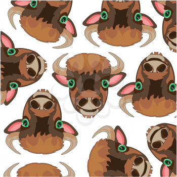 Vector illustration of the decorative pattern of the cartoon animal heads of the buffalo