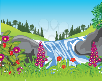 Vector illustration of the landscape of the waterfall and year nature