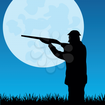 Silhouette of the huntsman at moon with weapon