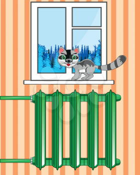 Vector illustration of the cat on window and radiator in room