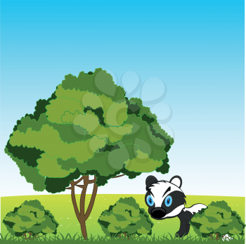 Vector illustration year glade with tree and bush and animal badger