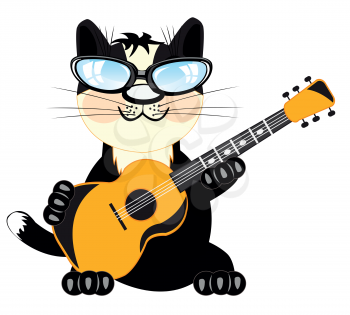 Black cat plays on music instrument guitar