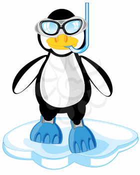 Penguin in flipper and mask cost stand on block of ice