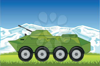 Vector illustration of the combat machine on year glade and mountains