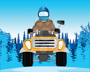 Vector illustration of the person on quadricycle in winter in wood type frontal