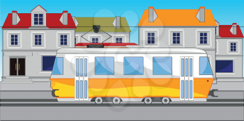 Vector illustration of the street of the city and passenger transport tram