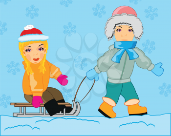 Vector illustration riding on sled in winter daytime
