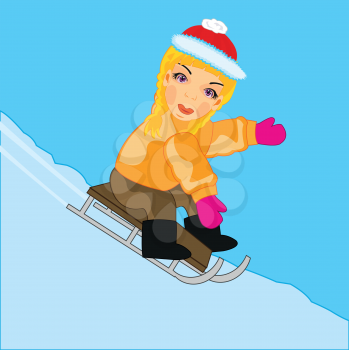 Girl teenager rides with mountains on sled on snow