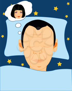 Head sleeping men on pillow and girl appears in the dreams