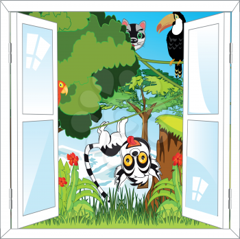Vector illustration open window and tropical jungle in with flora and fauna