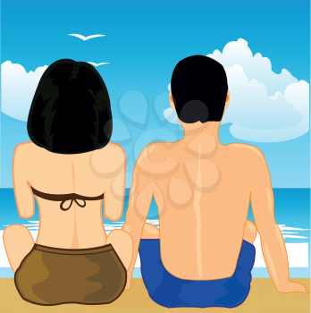 Pair man and girl sit on song ashore ocean