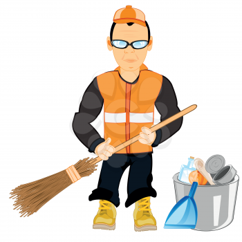 Vector illustration of the caretaker men taking away rubbish with broom
