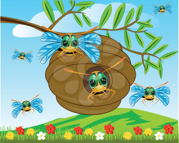 Vector illustration jack insect bee on green branch tree