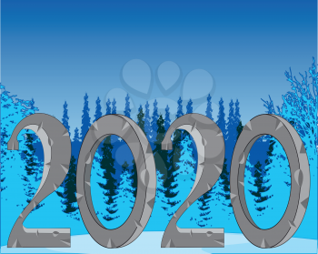 Winter landscape wood and snow on background of the numerals 2020 symbols of the new year