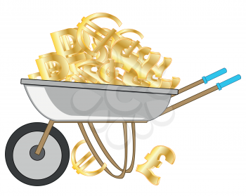 Vector illustration of the pushcart loaded money sign topple different countries