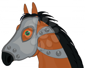 Portrait of the head of the warhorse in defensive plate on white background is insulated
