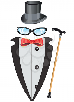 Tuxedo,hat and walking stick on white background is insulated