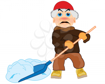 Vector illustration worker in winter taking away snow by shovel