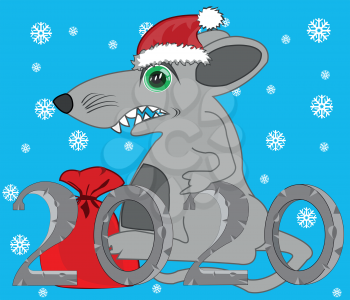 Vector illustration approaching 2020 metallic rat on turn blue background and snowflakes