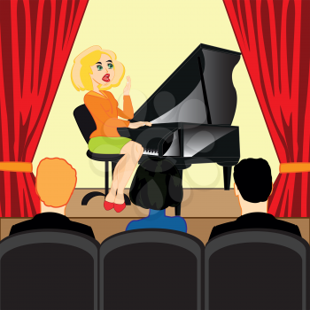 Vector illustration of the young girl playing on music tools pianoforte in common-room with spectator