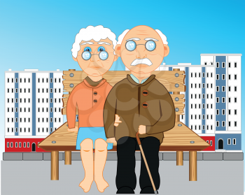 Big city and bench with elderly people