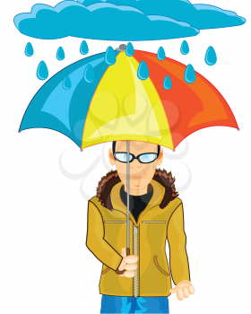 Man with umbrella in bad weather on white background is insulated
