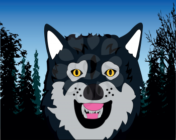Vector illustration of the portrait of the ravenous wildlife wolf on background wood