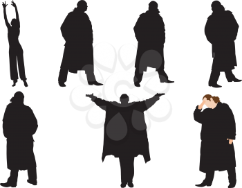 Royalty Free Clipart Image of a Variety of Men Silhouettes Wearing Trench Coats and One Woman Silhouette