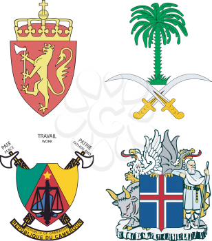 Royalty Free Clipart Image of Symbols of Iceland, Norway, Saudi Arabia, Cameroon 