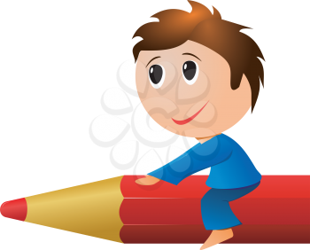 Royalty Free Clipart Image of a Young Boy Sitting on a Red Coloured Pencil