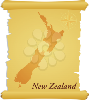 Royalty Free Clipart Image of a Parchment With a Silhouette of New Zealand