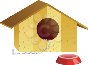 Royalty Free Clipart Image of a Doghouse With a Grounded Chain and a Dog Dish