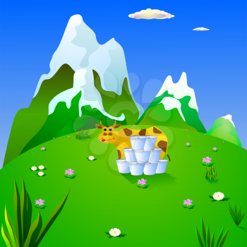 Royalty Free Clipart Image of a Cartoon Cow Standing in a Pasture With Pails of Milk Stacked Up, and Snowy Hills in the Background