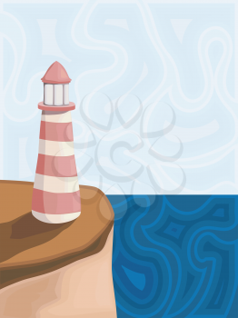 Royalty Free Clipart Image of a Pink and White Striped Light House on the Edge of An Ocean Cliff