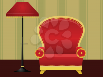 Royalty Free Clipart Image of a Red Chair and Lamp