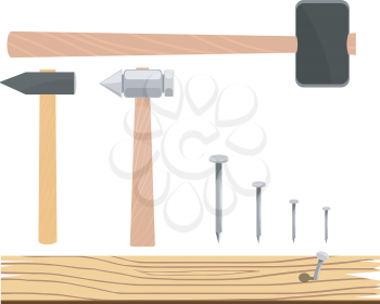 Royalty Free Clipart Image of a Set of Hammers and Nails
