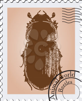 Royalty Free Clipart Image of a Stamp With a Picture of a Beetle With a Pink Background