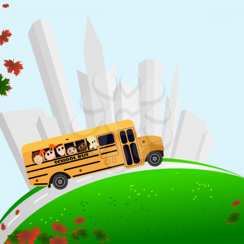 Royalty Free Clipart Image of a School Bus, Tall Buildings, and Maple Leaves