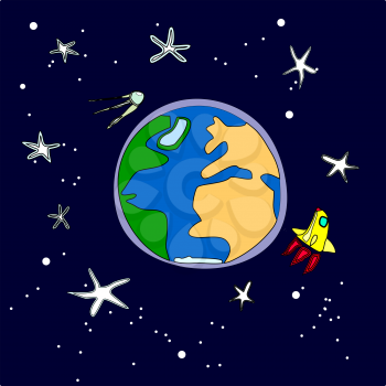 Royalty Free Clipart Image of the Earth and a Satellite